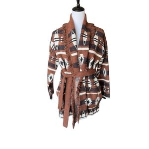 TAHARI Southwestern Belted Cardigan Sweater Brown Cream Open Front Womens Small
